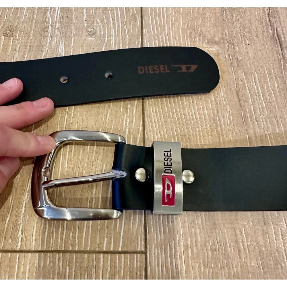 Diesel Black Single Prong Genuine Leather Belt Sz 42 Silver Hardware Logo Lux